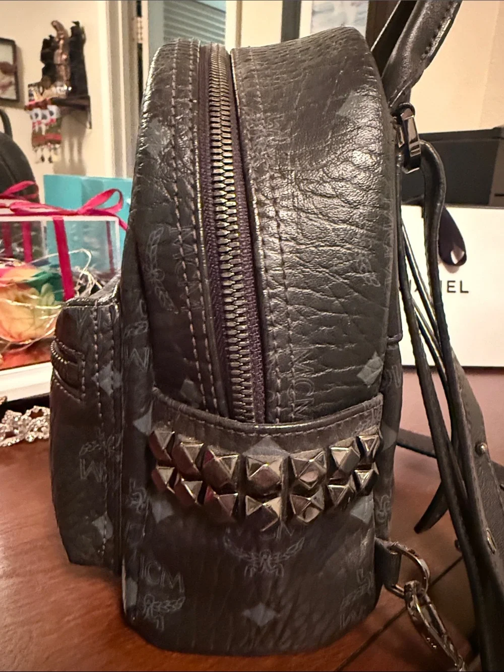 MCM Black Logo Leather Mini Backpack with Gold Plaque